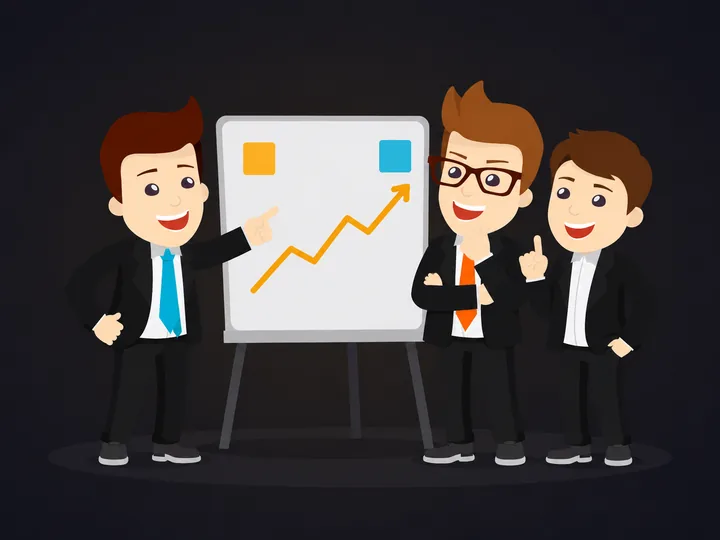 A dedicated team collaborating around a rising results chart