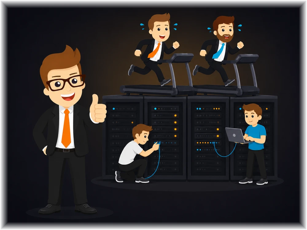 A confident consultant giving a thumbs-up in front of colleagues connecting laptops to server racks, while two businessmen run on treadmills mounted on top of the servers