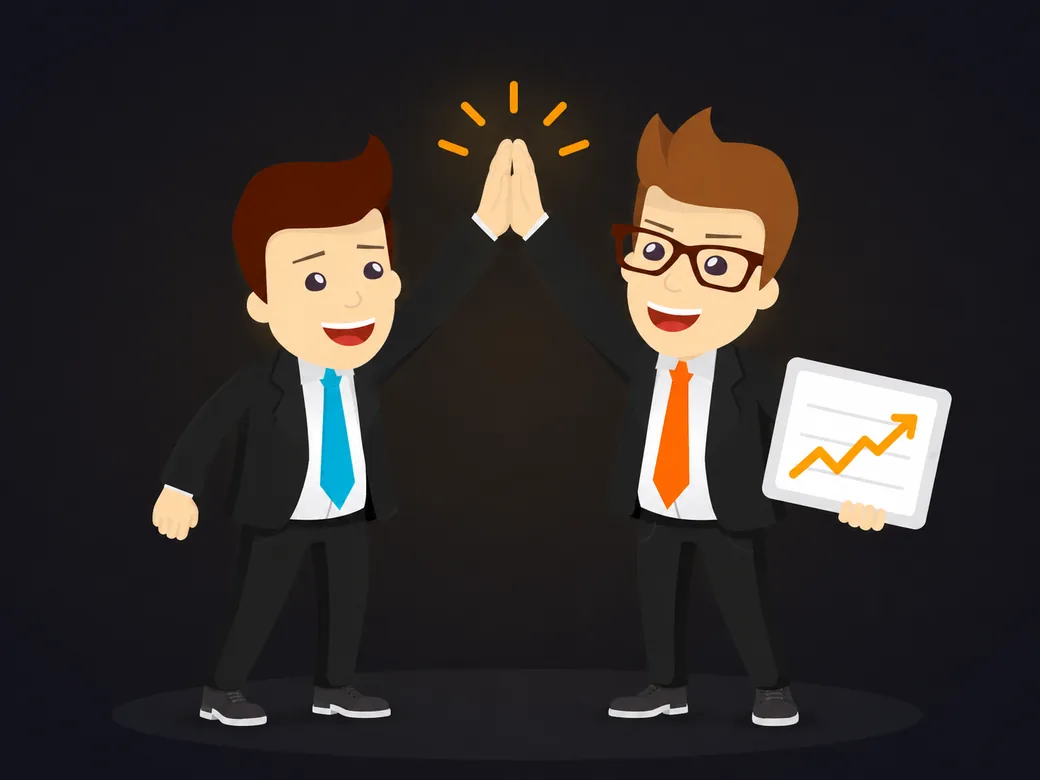 Two colleagues celebrating with a high five, one holding a tablet with a rising chart