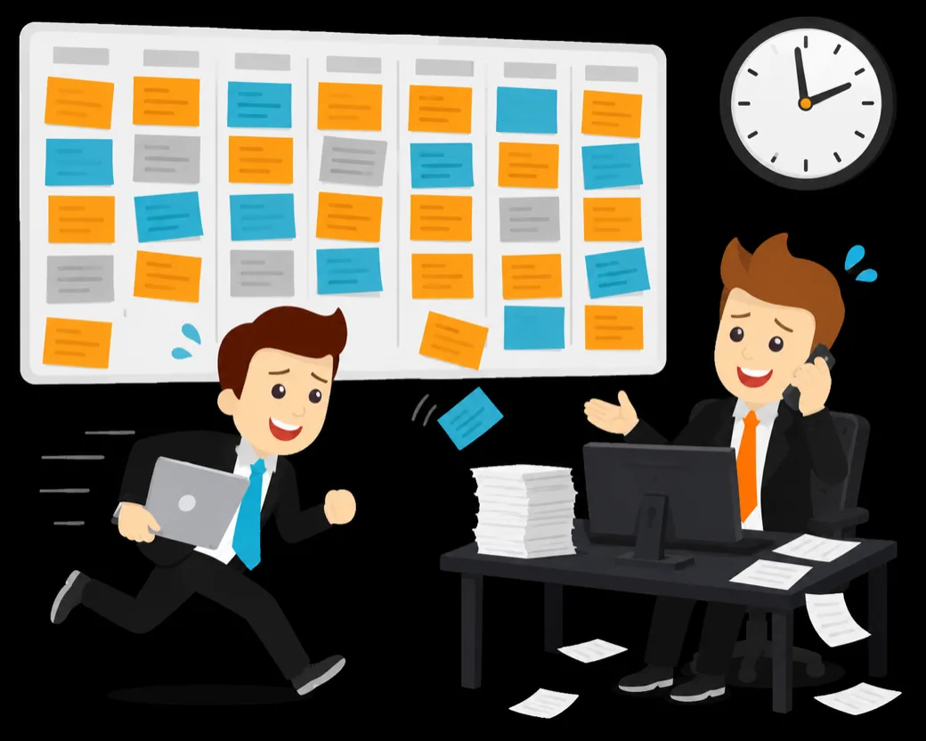 A manager on the phone at a busy desk beside an overflowing kanban board while a colleague rushes past with a laptop